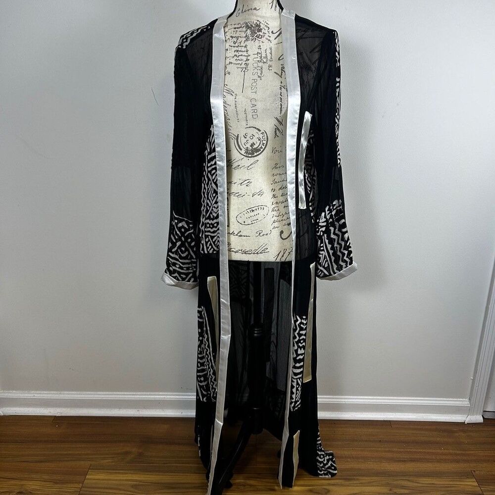 Ashro Womens Sheer Duster Kimono Robe Medium Black White Geometric Metallic Trim